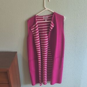 Sleeveless Open-Front Knit Vest in Bright Pink with Striped Lining